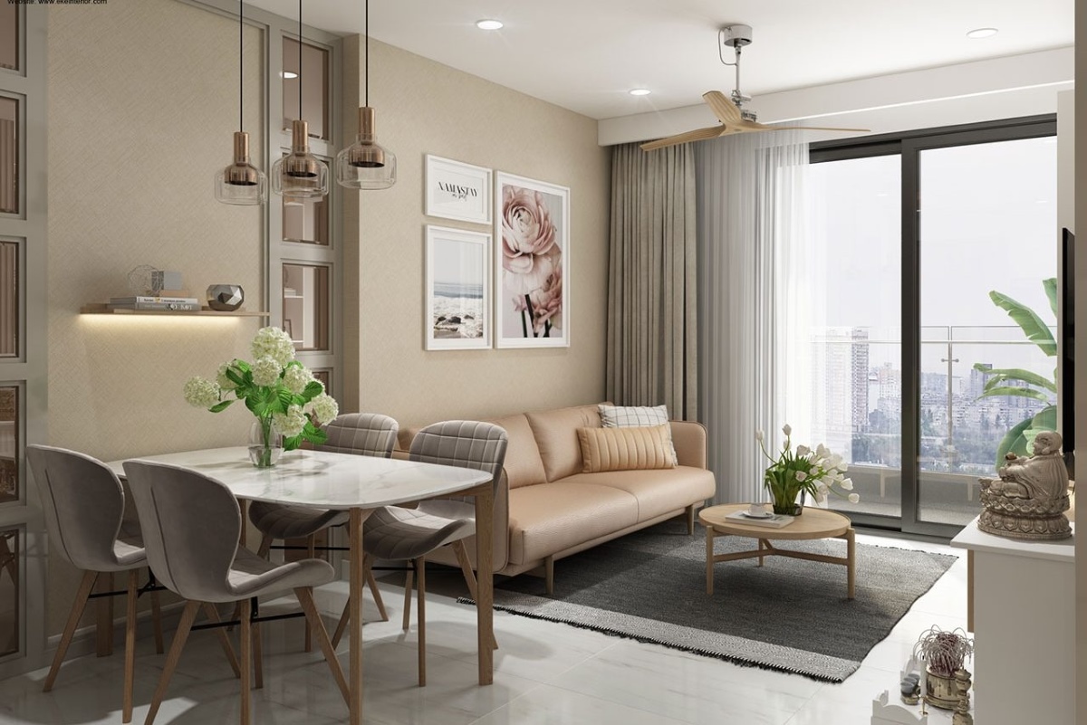 Mẫu phòng khách liền bếp nhà ống hiện đại