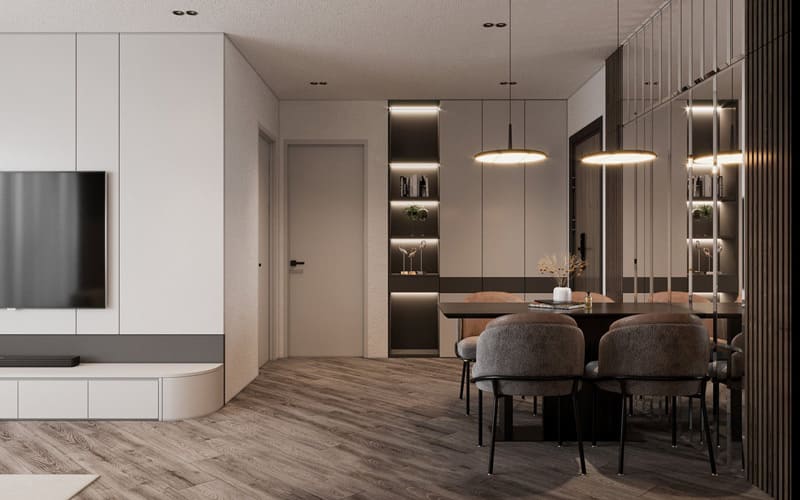 Mẫu phòng khách liền bếp nhà ống tối giản