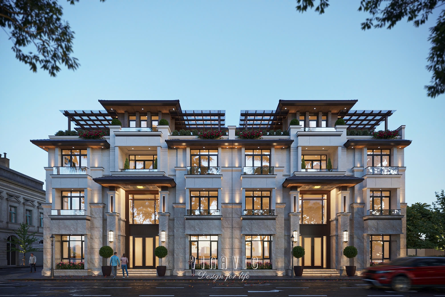 Phối cảnh mặt tiền Thiết kế biệt thự phố 5 tầng hiện đại 2 mặt tiền đẳng cấp 275m2 BT2418
