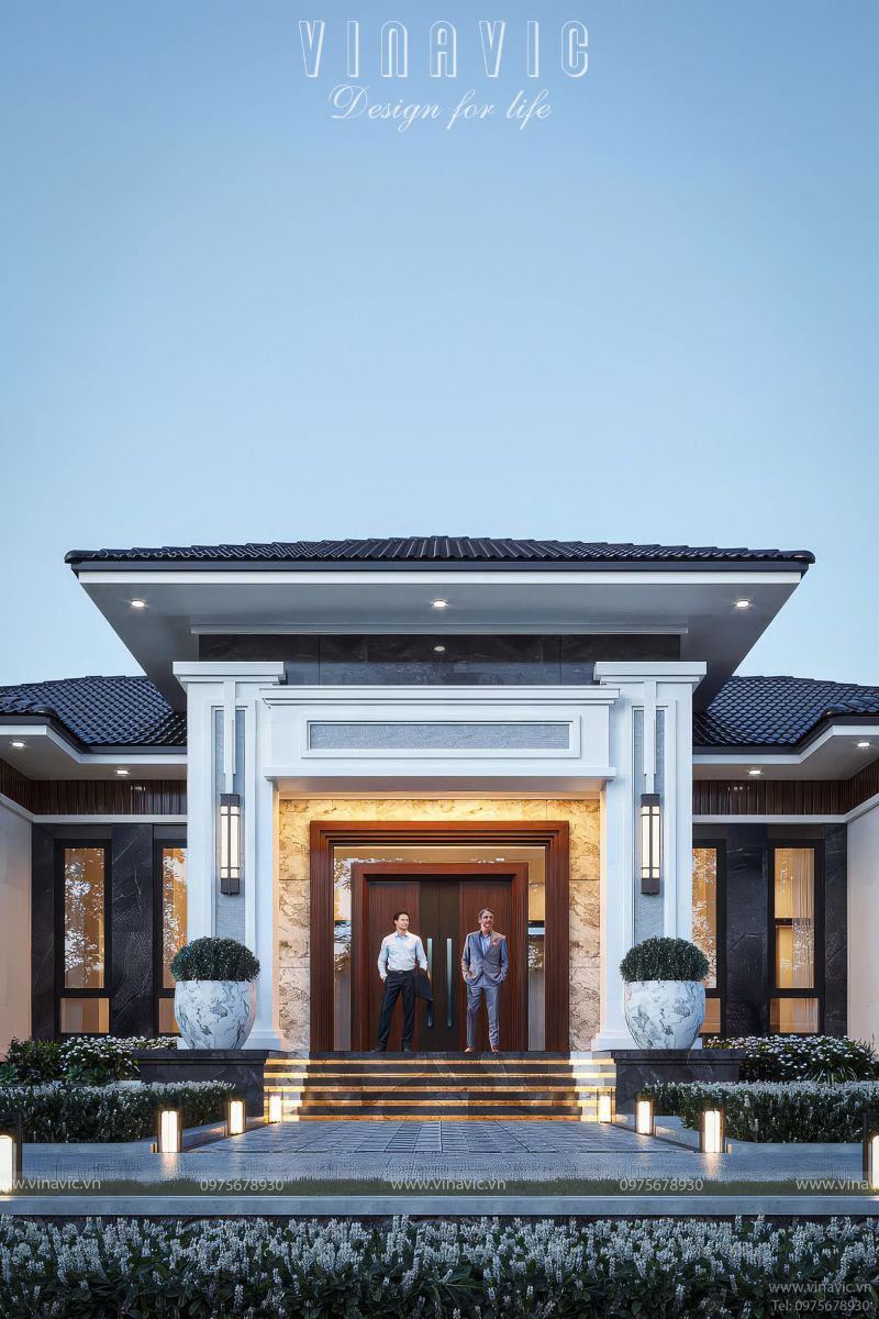 Phối cảnh sảnh chính uy nghi, thể hiện sự bề thế và cân xứng của mặt tiền.