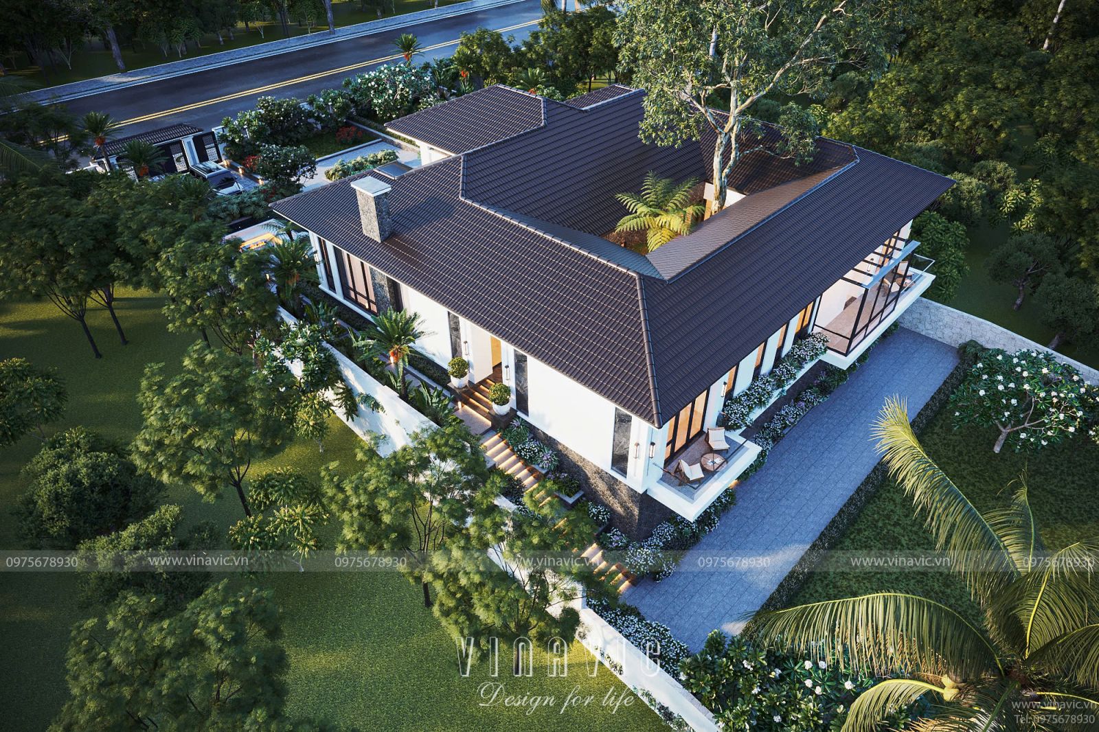 Góc nhìn mái, làm nổi bật hệ mái Nhật và cấu trúc sân trong độc đáo ở trung tâm.