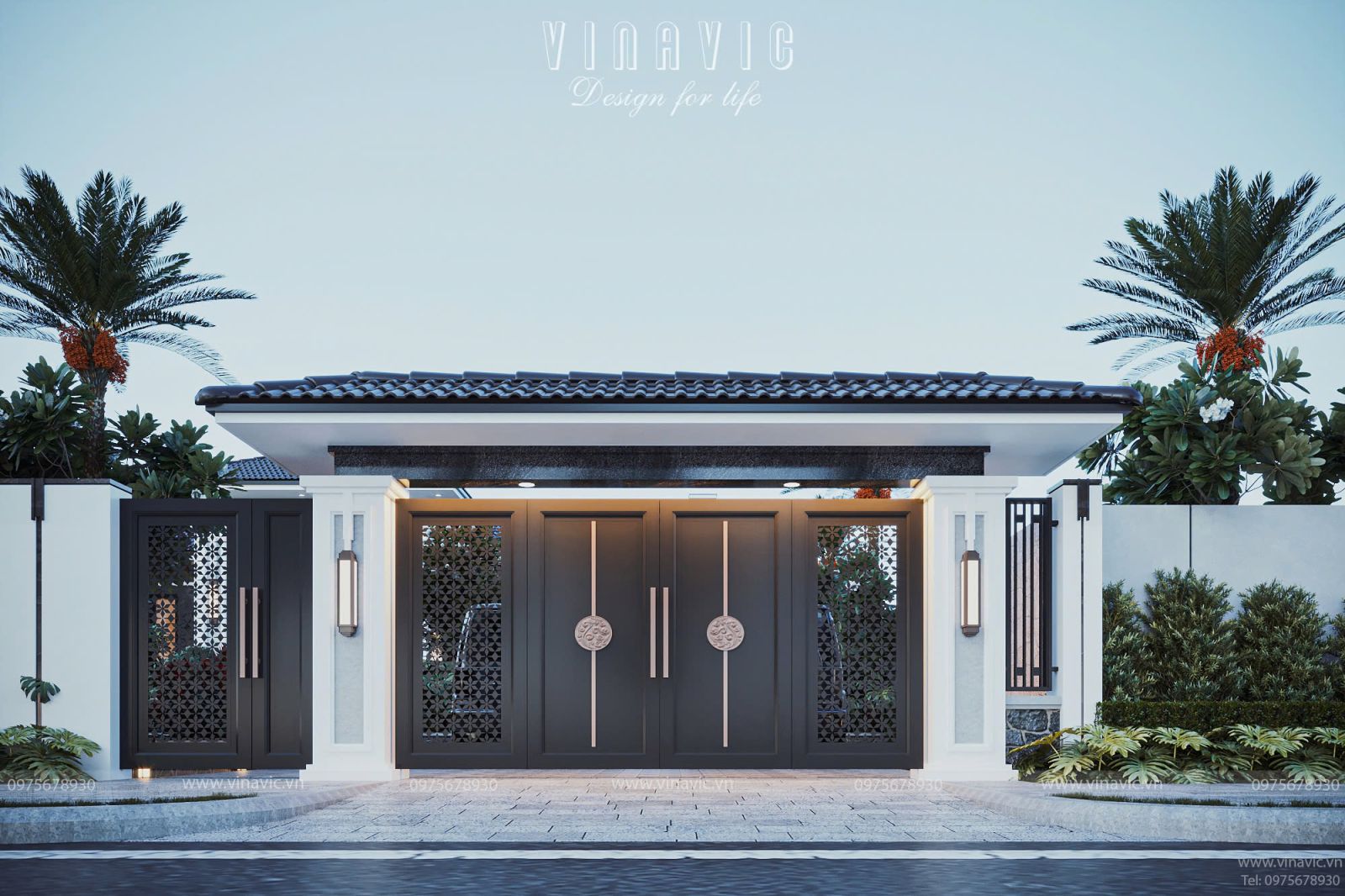 Phối cảnh cổng chính hiện đại, thiết kế vững chãi và đồng bộ với kiến trúc biệt thự.