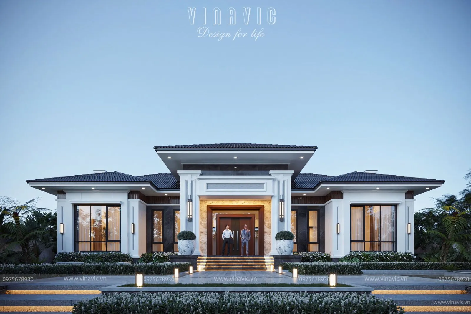 Mẫu nhà cấp 4 không gian mở mái Nhật hiện đại màu trắng tinh tế giữa sân vườn xanh mát yên bình