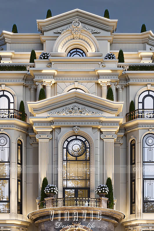 Hệ ban công đua đều, lan can hoa văn uốn lượn thể hiện tính nhịp điệu trong kiến trúc Tân Cổ