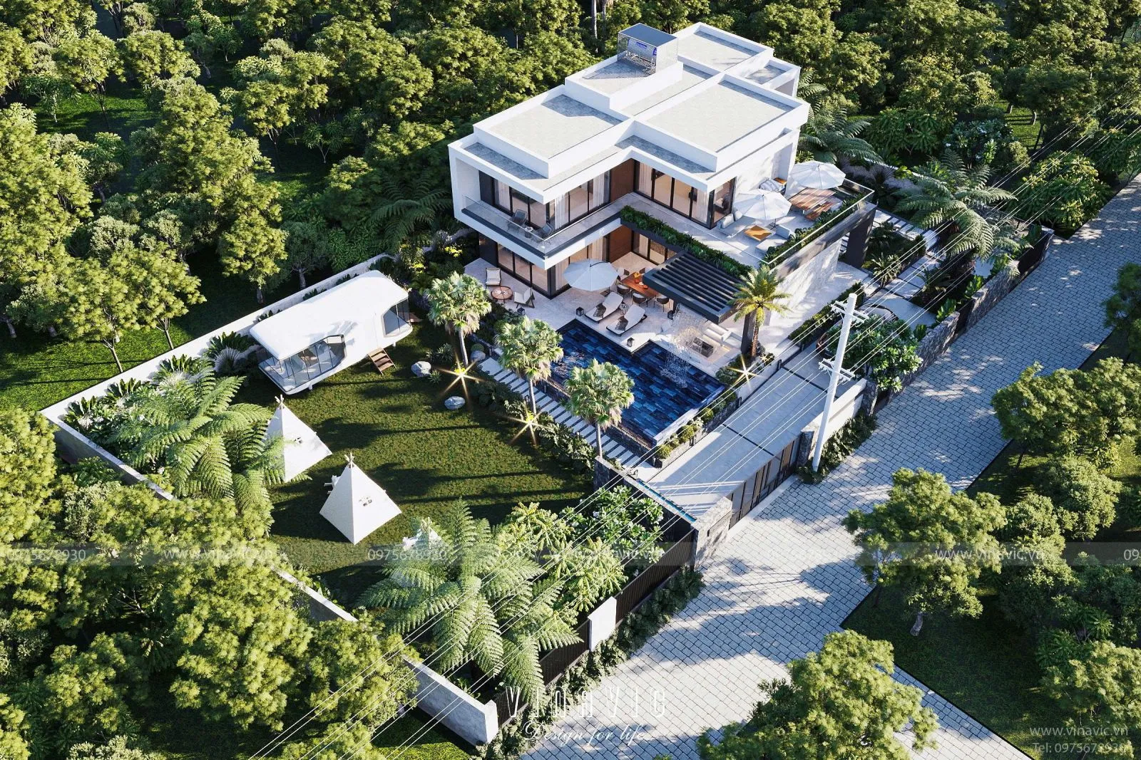 Toàn cảnh Nhà 2 Tầng 1 Tum Chữ L Mái Bằng Hiện Đại