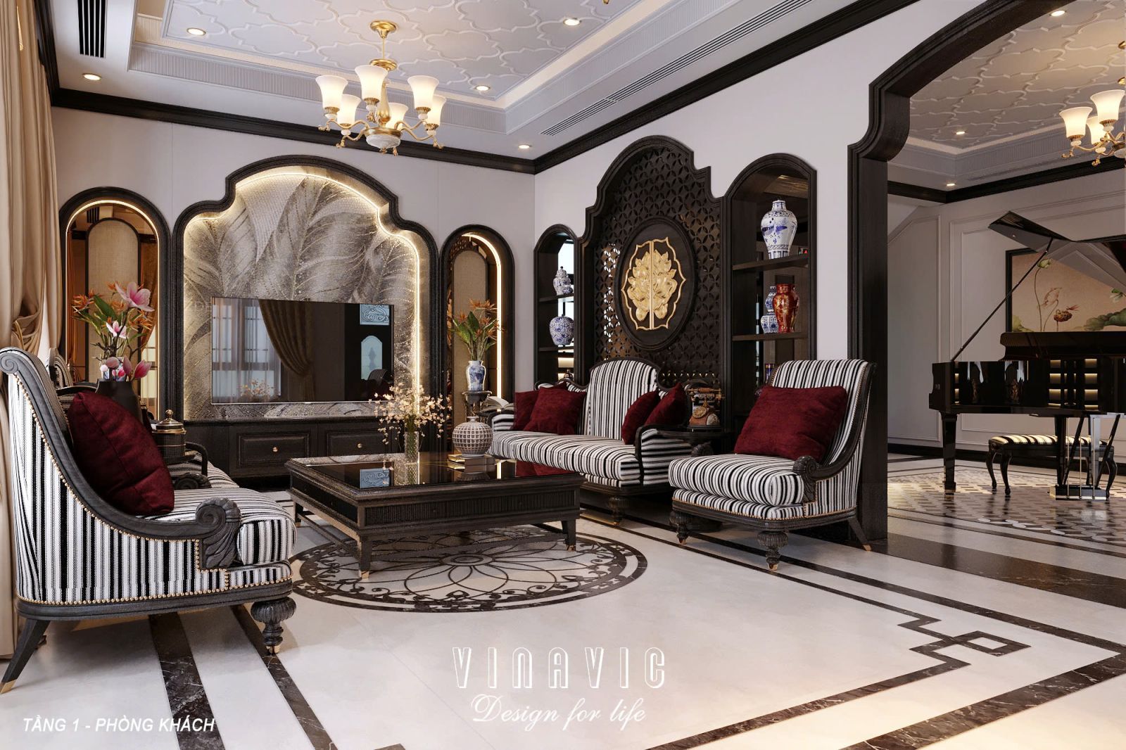 Toàn cảnh không gian phòng khách Tân cổ điển lộng lẫy trong biệt thự NT2349 tại Hà Nội, thể hiện sự sang trọng và đẳng cấp.