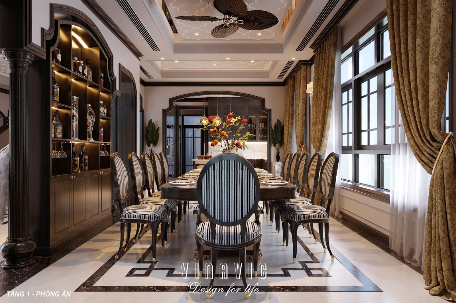 Phối cảnh 3D nội thất phòng bếp - phòng ăn