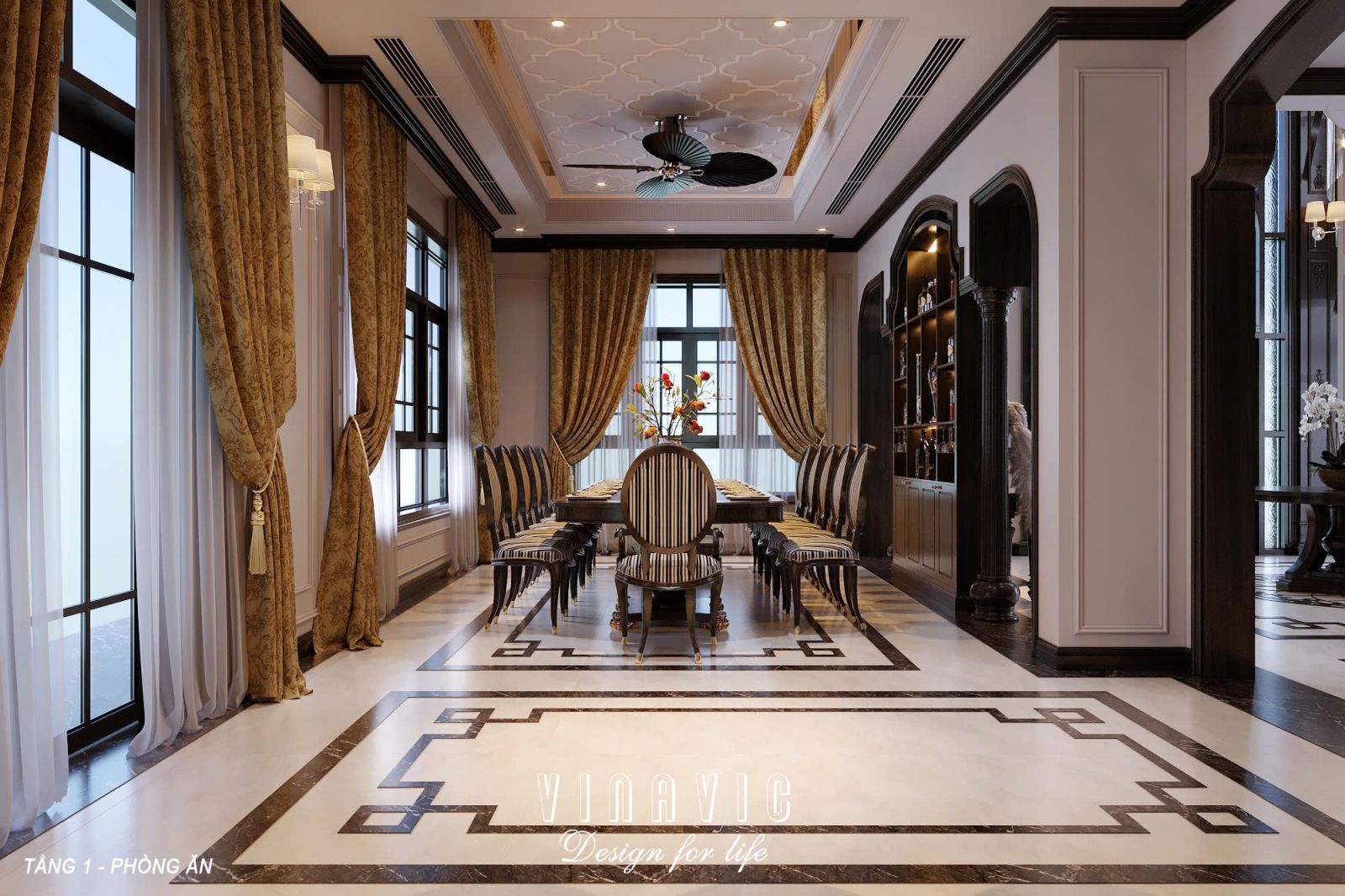 Phối cảnh 3D nội thất phòng bếp - phòng ăn