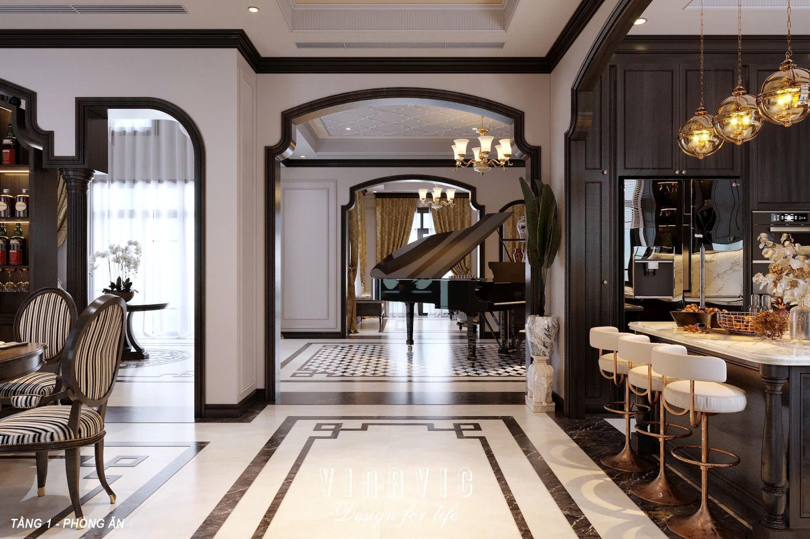 Phối cảnh 3D nội thất phòng bếp - phòng ăn