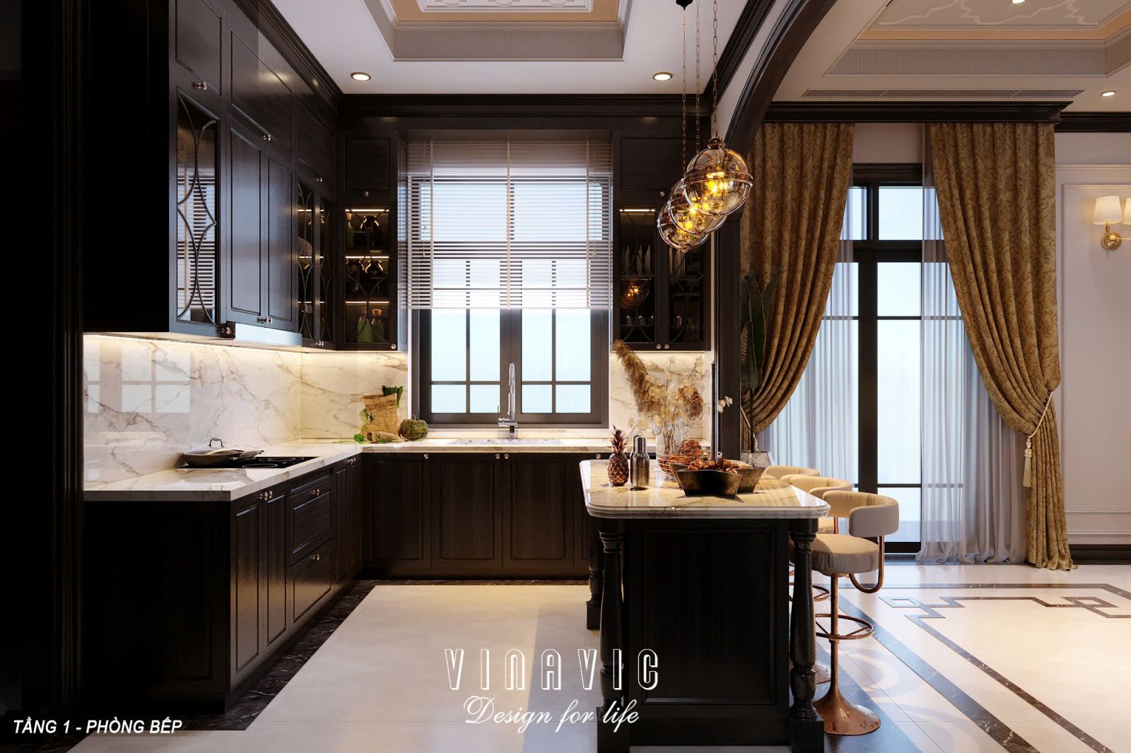 Phối cảnh 3D nội thất phòng bếp - phòng ăn