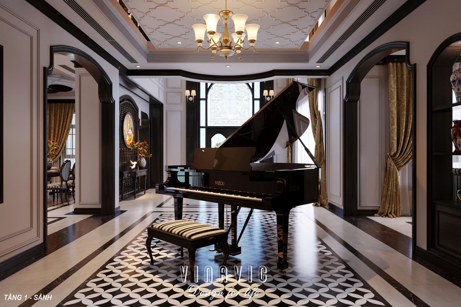 Phối cảnh 3D nội thất phòng bếp - phòng ăn