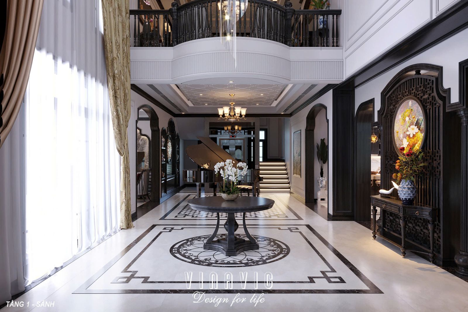 Thiết kế nội thất Indochine biệt thự 3 tầng 1 hầm (CĐT Mrs Út - Hà Nội) NT2349