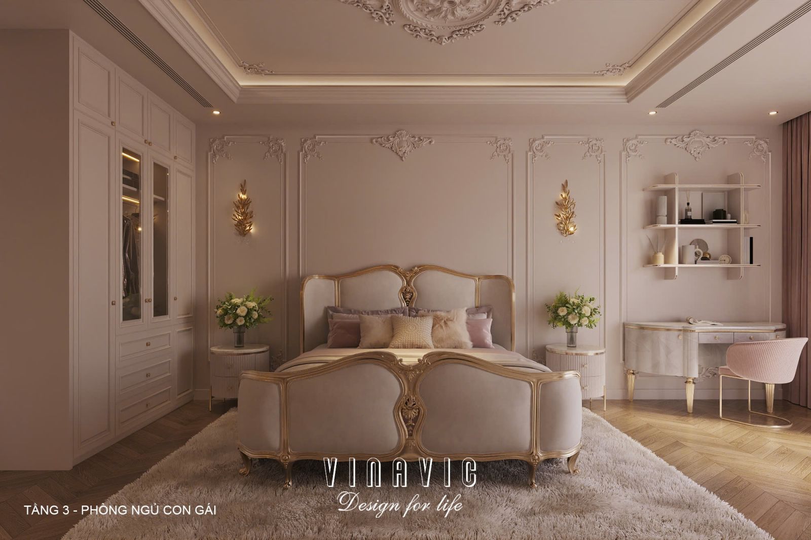 Phối cảnh nội thất 3D Phòng ngủ con gái Tầng 3