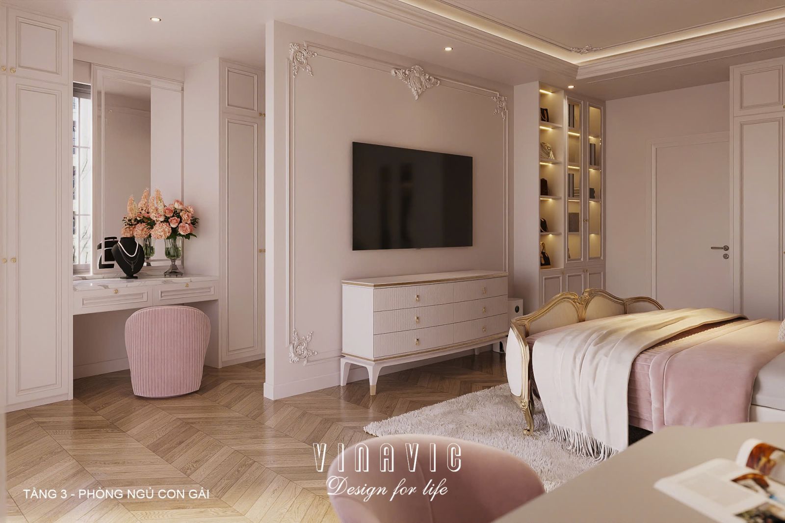 Phối cảnh nội thất 3D Phòng ngủ con gái Tầng 3