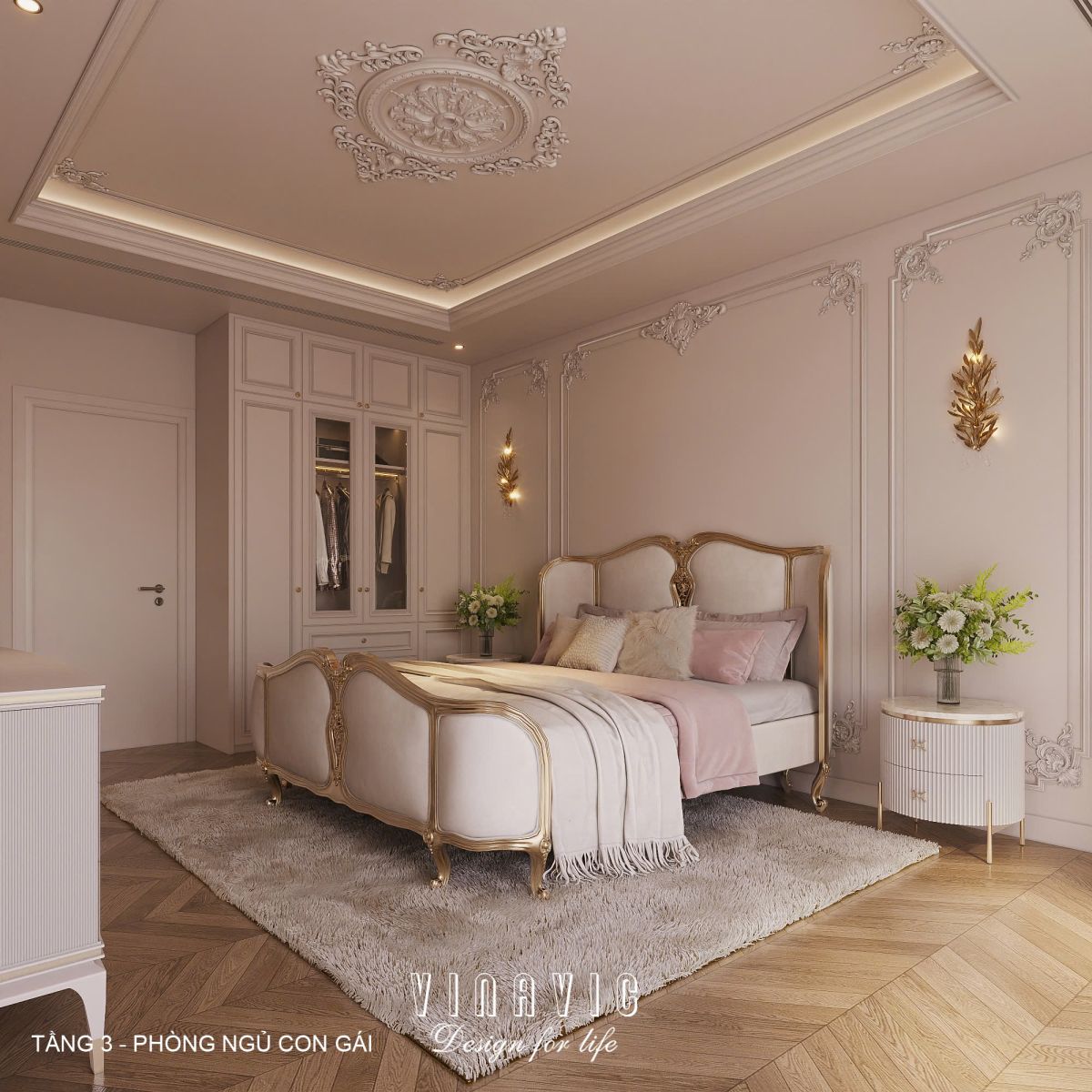 Phối cảnh nội thất 3D Phòng ngủ con gái Tầng 3