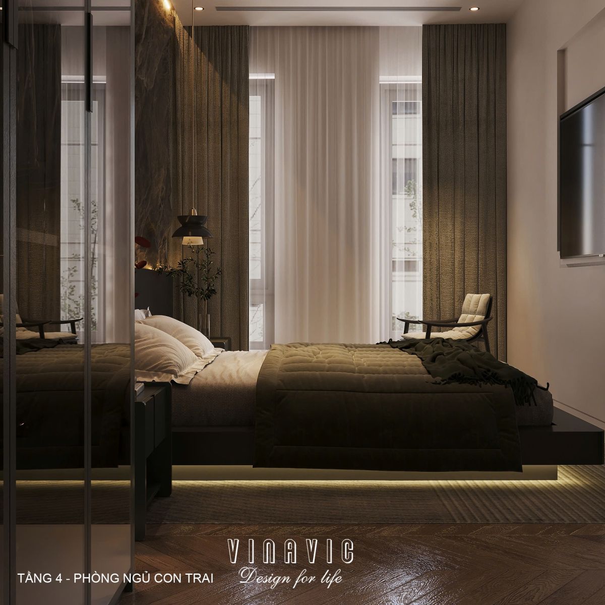 Phối cảnh nội thất 3D Phòng ngủ con trai Tầng 4