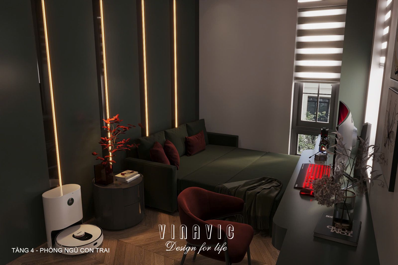 Phối cảnh nội thất 3D Phòng ngủ con trai Tầng 4