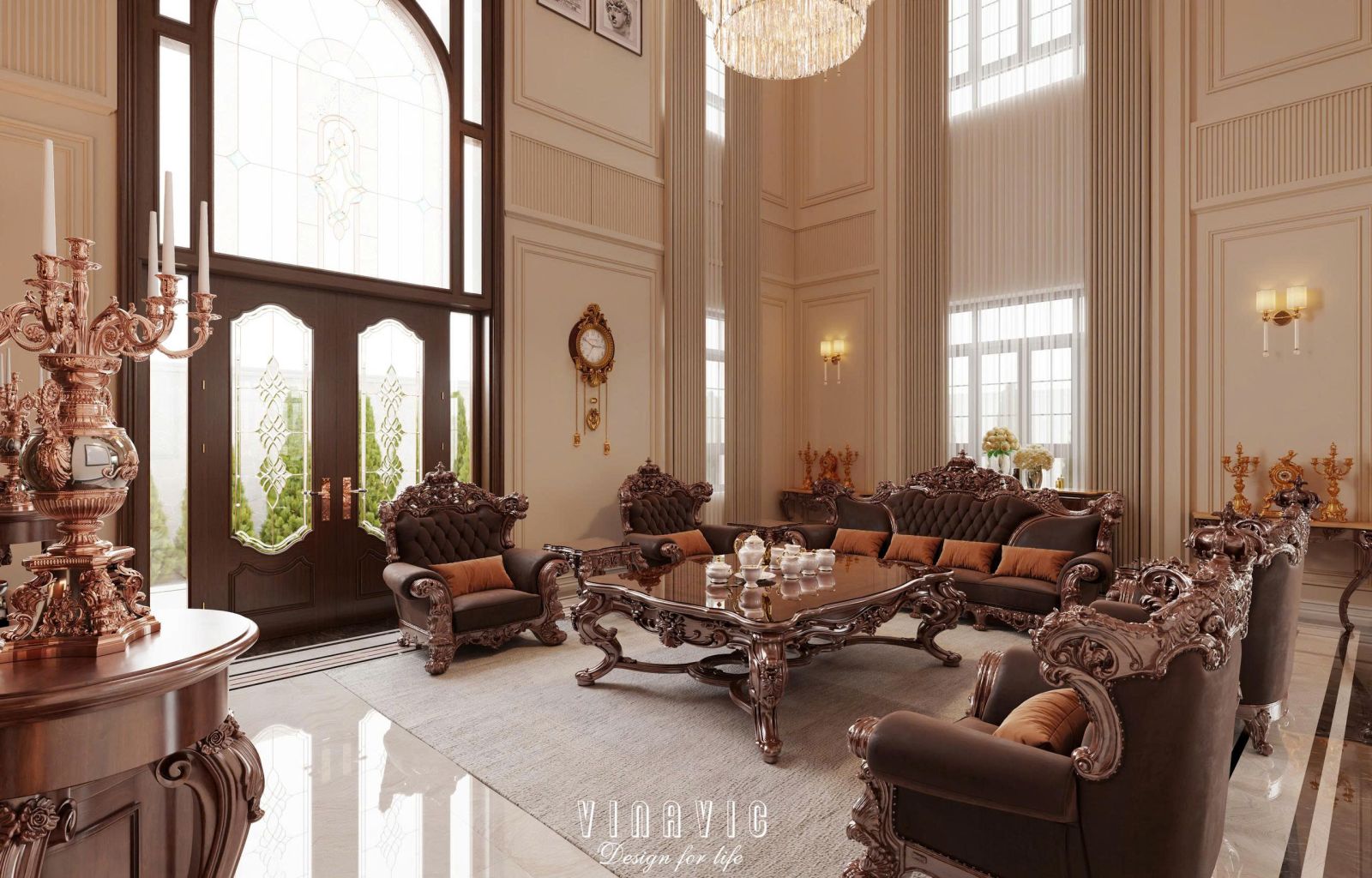 Phối cảnh phòng khách tầng 1 biệt thự tân cổ điển 6 tầng 9x19m (CĐT Mr Toàn - Bắc Ninh) NT2351