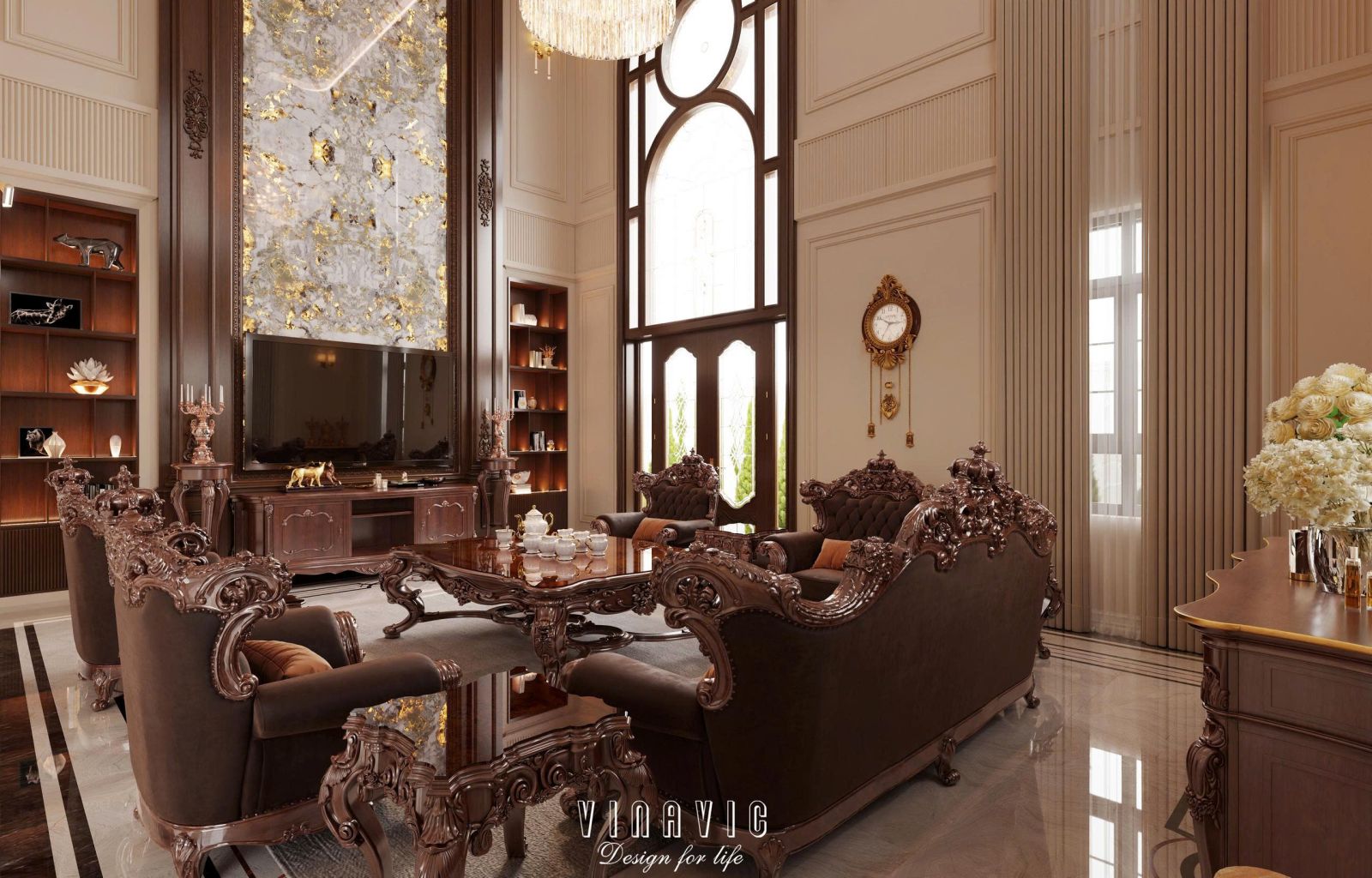 Mẫu nội thất phòng khách biệt thự tân cổ điển 6 tầng 9x19m (CĐT Mr Toàn - Bắc Ninh) NT2351