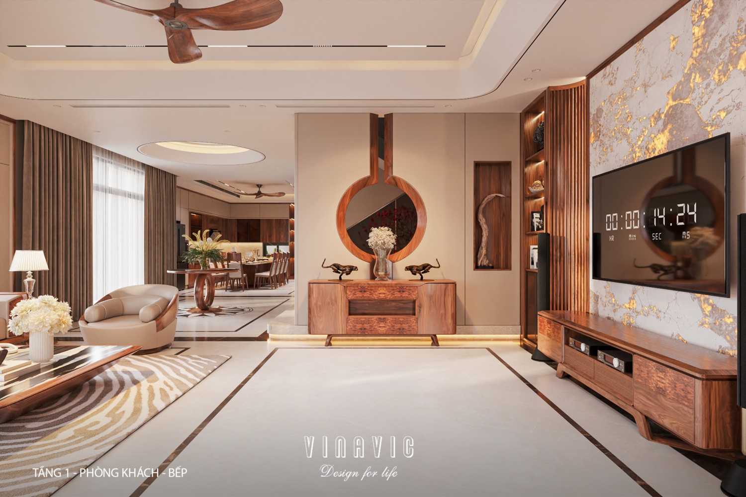 Nội thất phòng khách bếp biệt thự 3 tầng hiện đại 9x24m NT2353