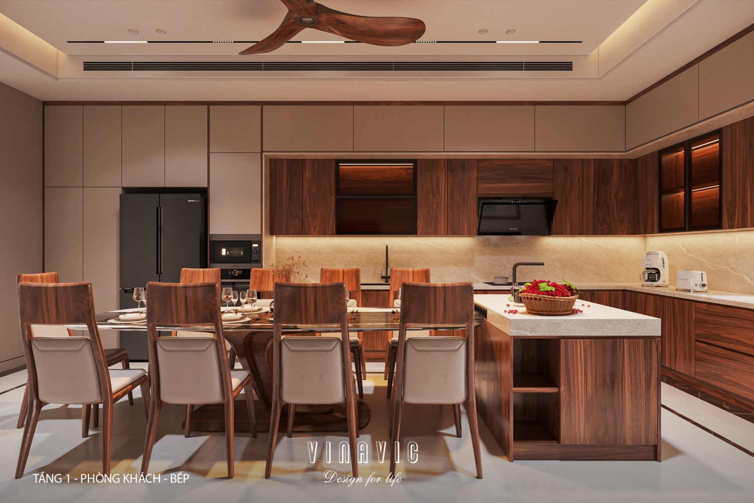 Nội thất phòng khách bếp biệt thự 3 tầng hiện đại 9x24m NT2353