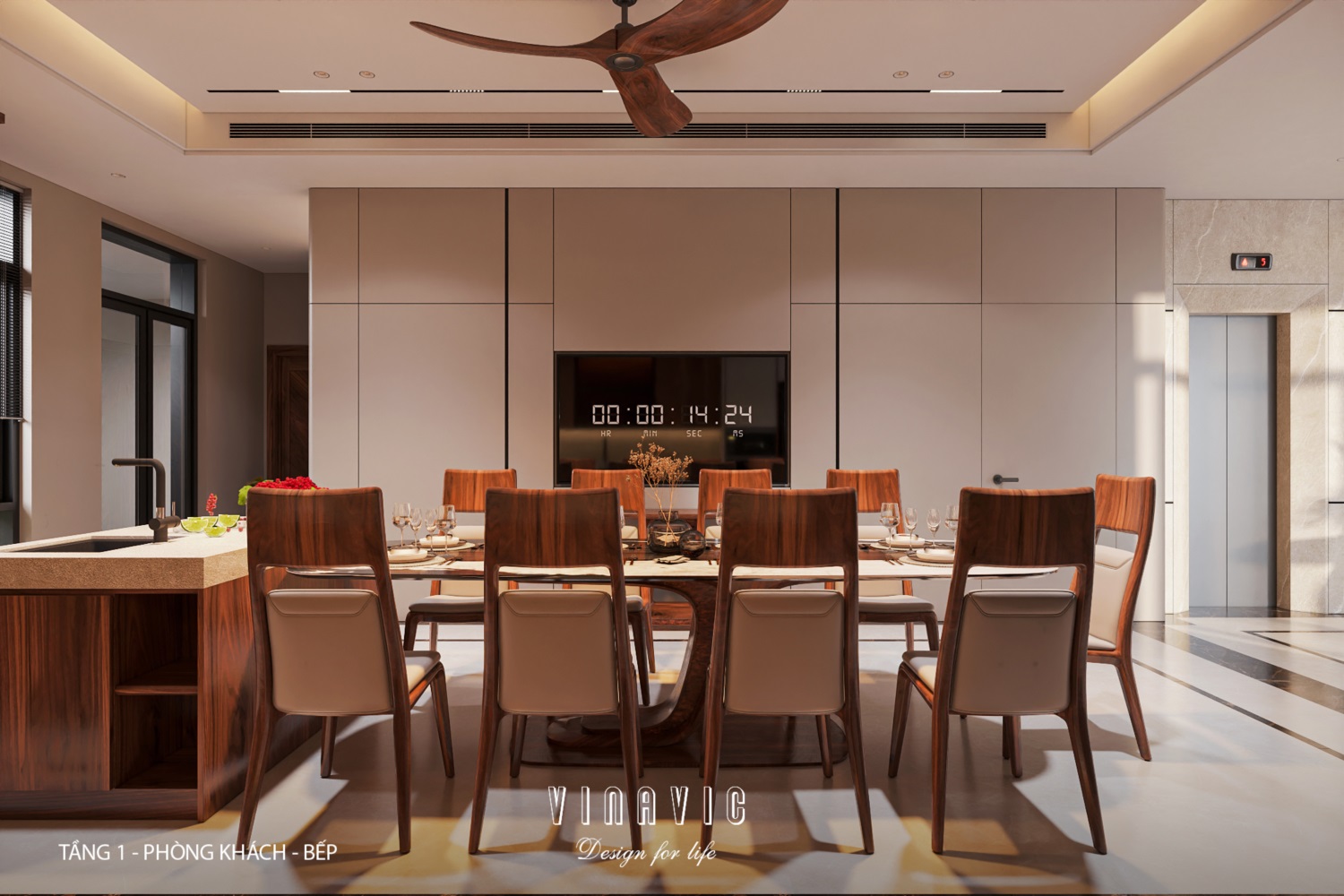 Nội thất phòng khách bếp biệt thự 3 tầng hiện đại 9x24m NT2353