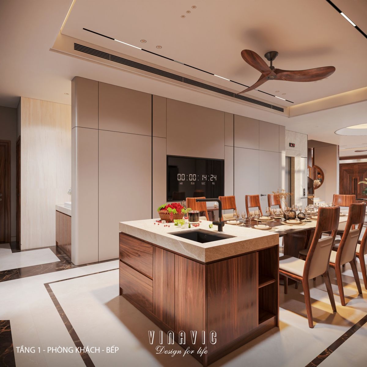 Nội thất phòng khách bếp biệt thự 3 tầng hiện đại 9x24m NT2353