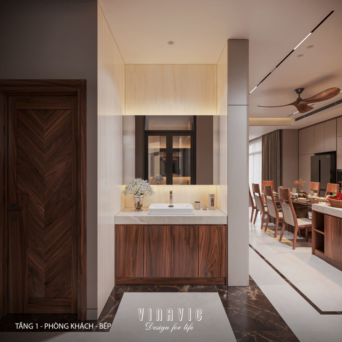 Nội thất phòng khách bếp biệt thự 3 tầng hiện đại 9x24m NT2353