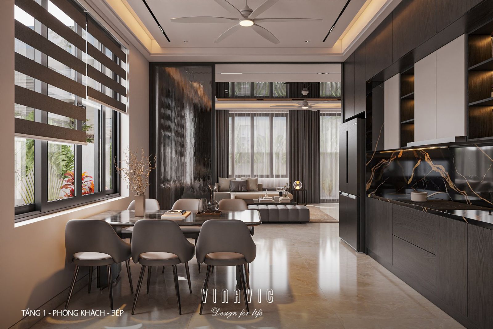 Phong cách thiết kế tập trung vào đường nét phẳng, hình khối rõ ràng và bảng màu trung tính gồm trắng, xám, be và nâu gỗ trầm.