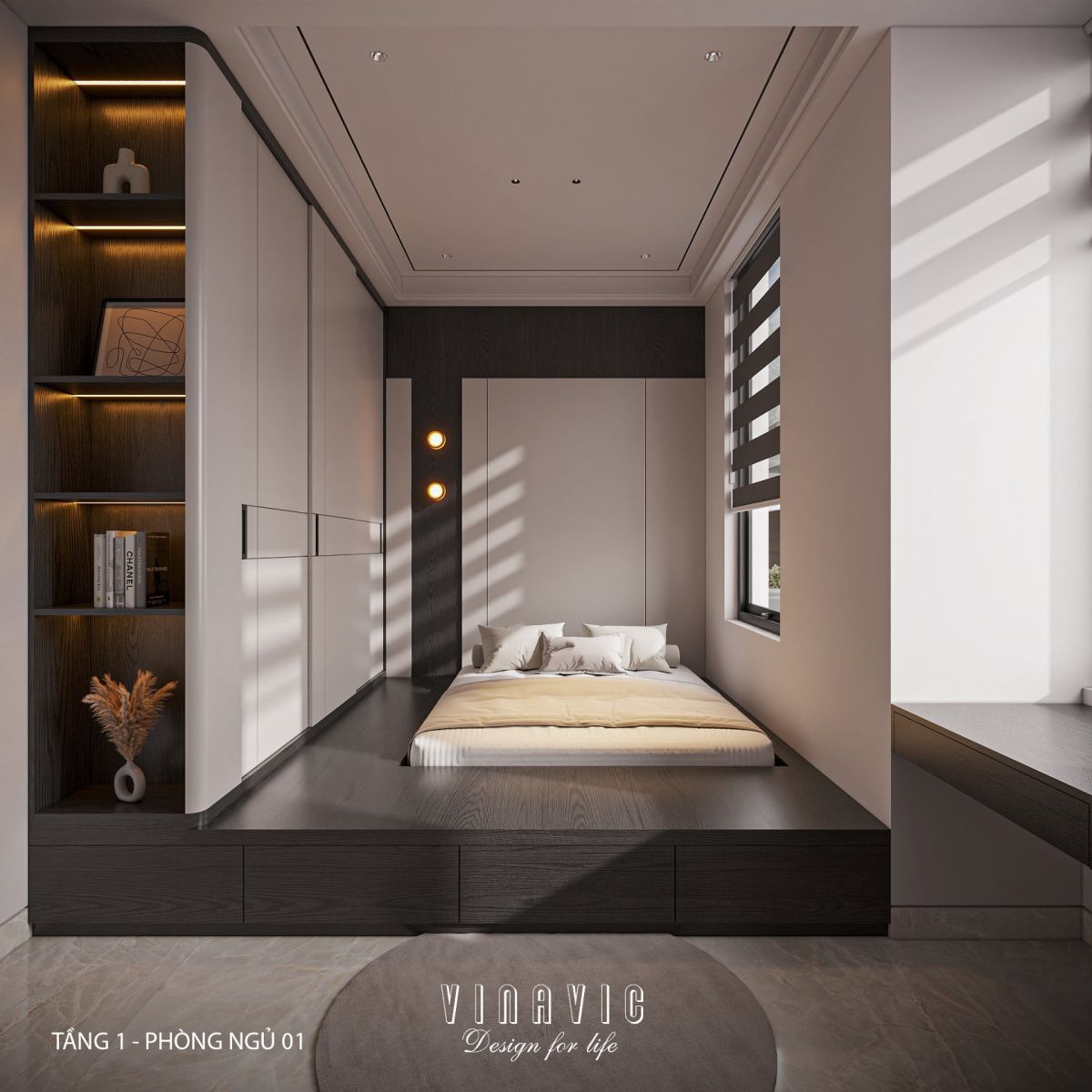 Phối cảnh nội thất phòng ngủ 01 tầng 1 biệt thự 2 tầng NT2356
