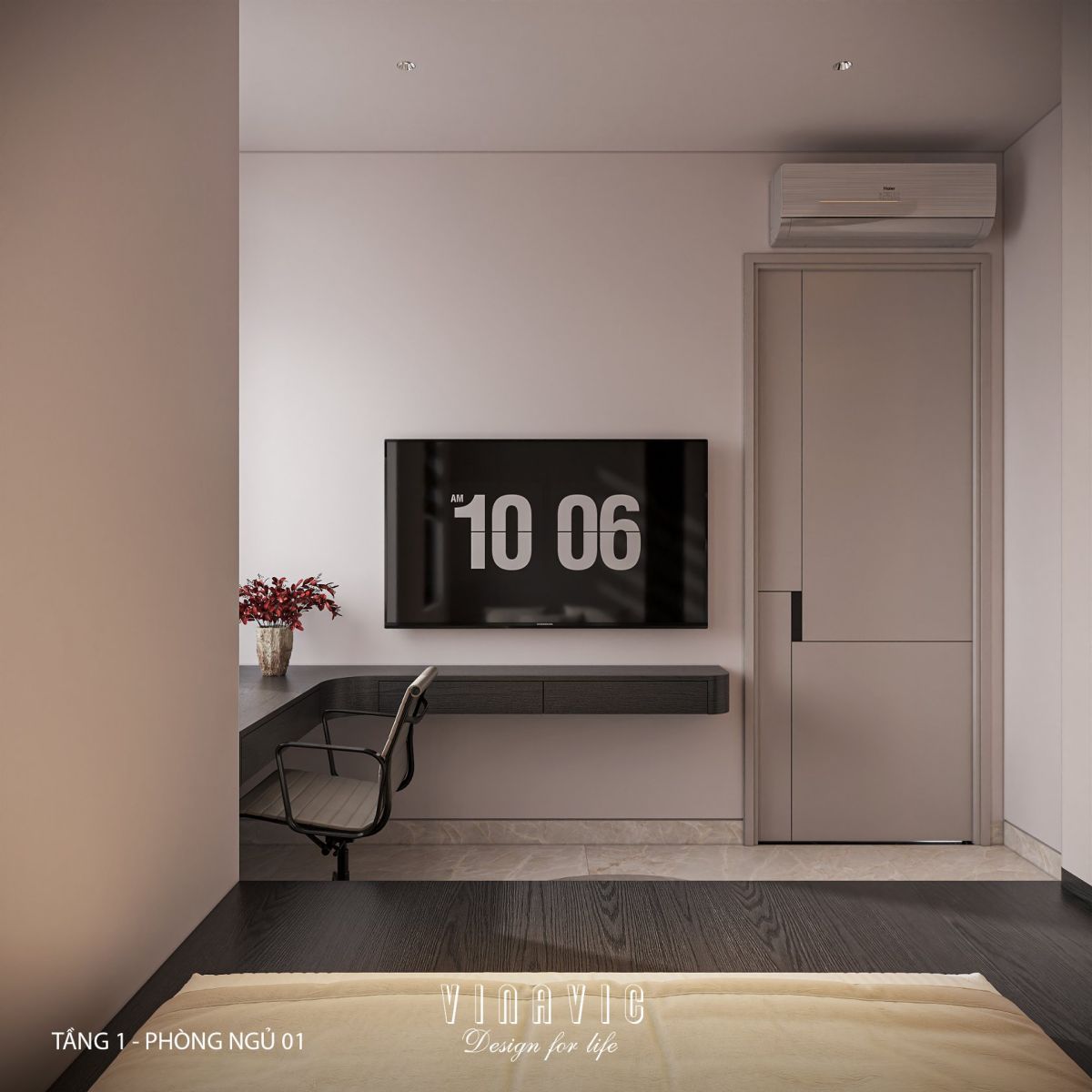 Phối cảnh nội thất phòng ngủ 01 tầng 1 biệt thự 2 tầng NT2356