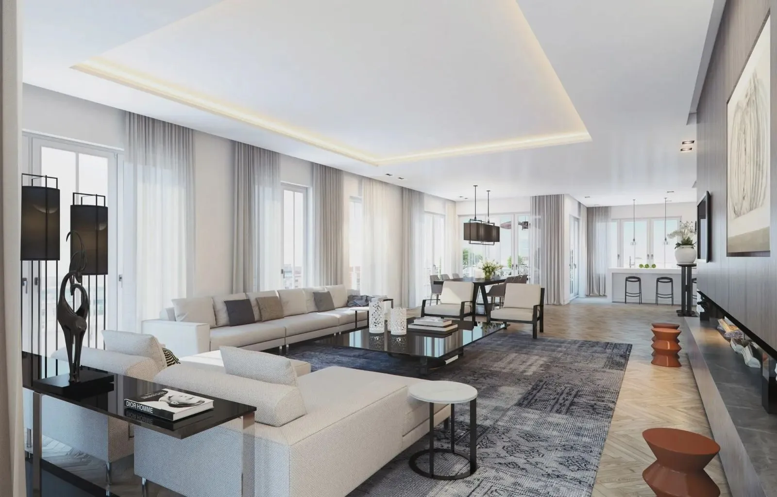 Mẫu thiết kế penthouse sử dụng gam màu trắng chủ đạo, tinh tế và thanh lịch.