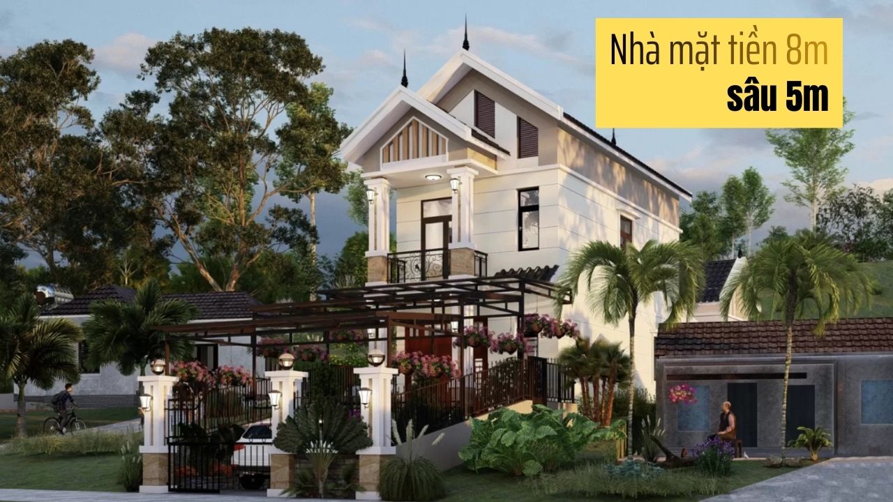 29 mẫu thiết kế nhà mặt tiền 8m sâu 5m đẹp & chia công năng hợp lý
