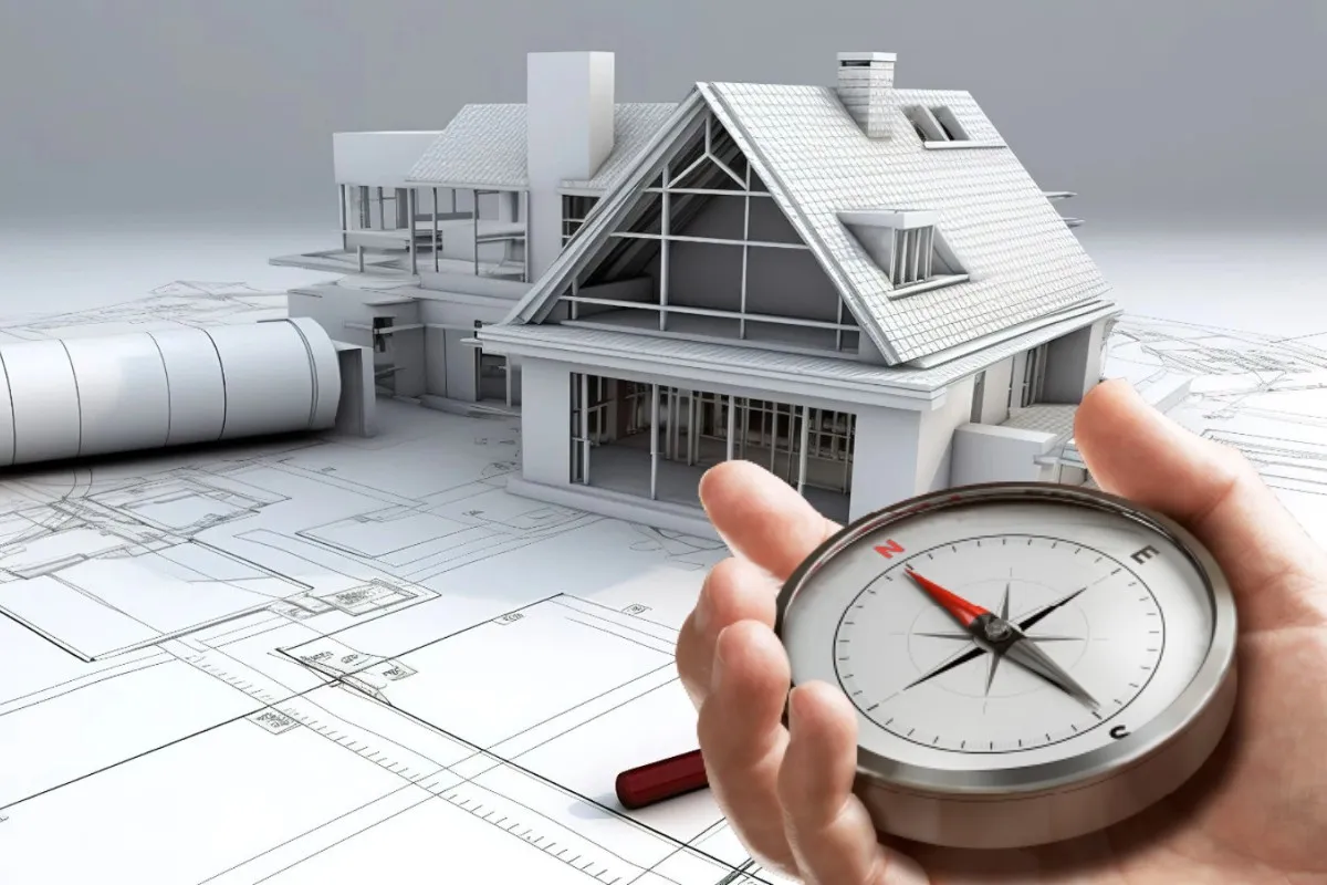 Kỹ sư xây dựng Vinavic dùng la bàn chuyên dụng đo hướng tại tâm đất công trình nhà phố hiện đại