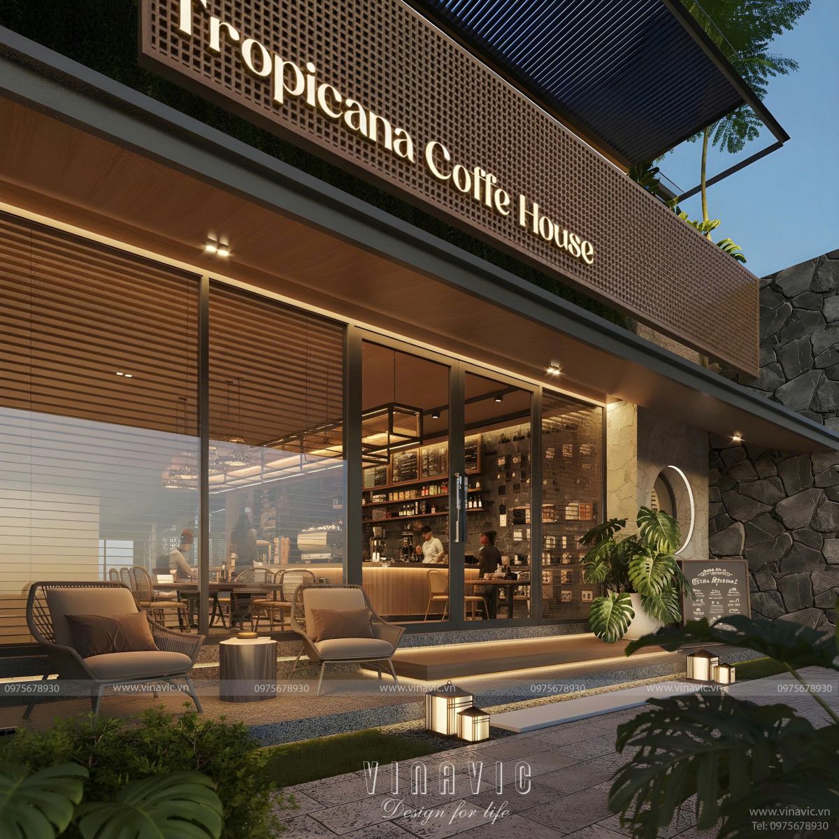 Phối cảnh tầng 1 kinh doanh Tropicana Coffe House BT2425