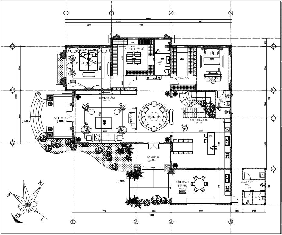 Bố trí mặt bằng tầng 1 biệt thự 2 tầng tân cổ điển BT2427