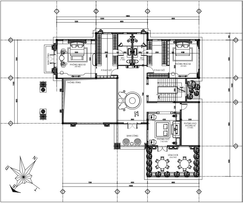 Bố trí mặt bằng tầng 2 biệt thự 2 tầng tân cổ điển BT2427