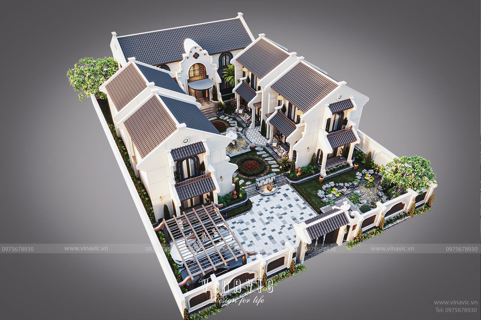 Toàn cảnh biệt thự Nghỉ Dưỡng Indochine Phong Cách Đông Dương Hoài Cổ 22x23m BT2428