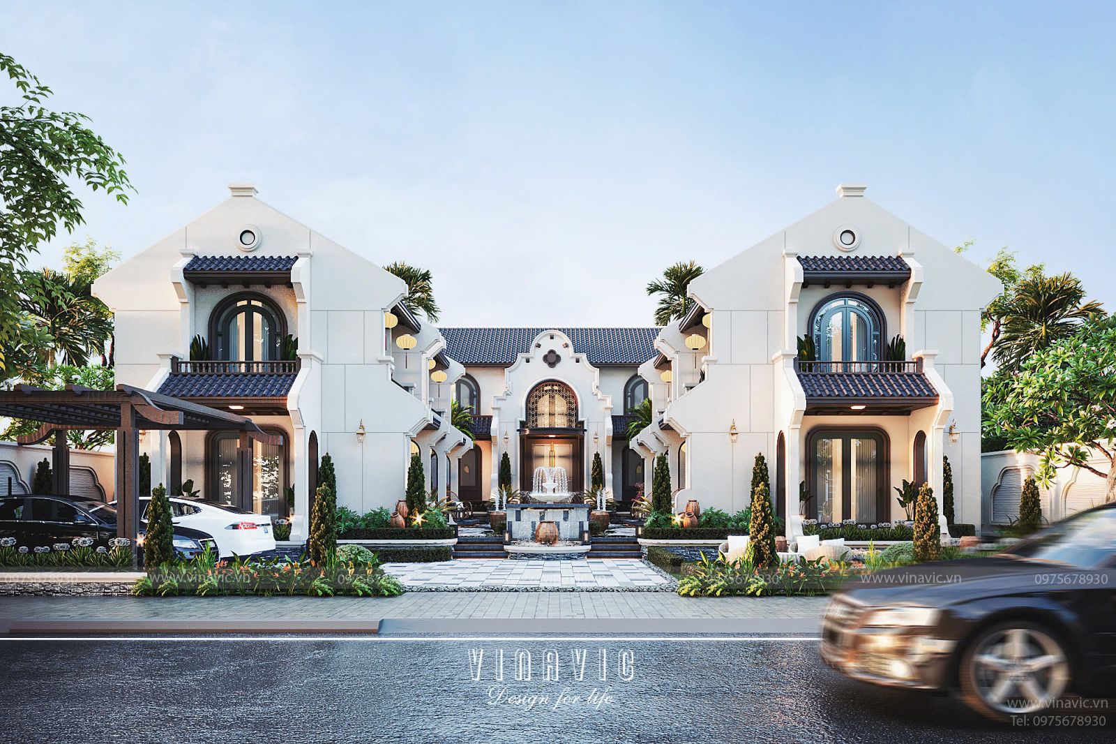 Kiến Trúc Mặt Tiền Biệt thự Nghỉ Dưỡng Indochine Phong Cách Đông Dương Hoài Cổ 22x23m BT2428