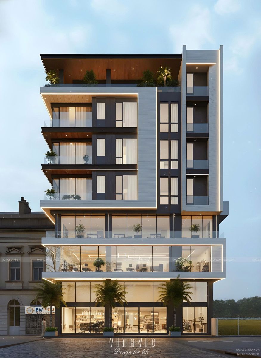 Phối cảnh thiết kế nhà nghỉ 7 tầng kinh doanh hiện đại 9x17m BT2429