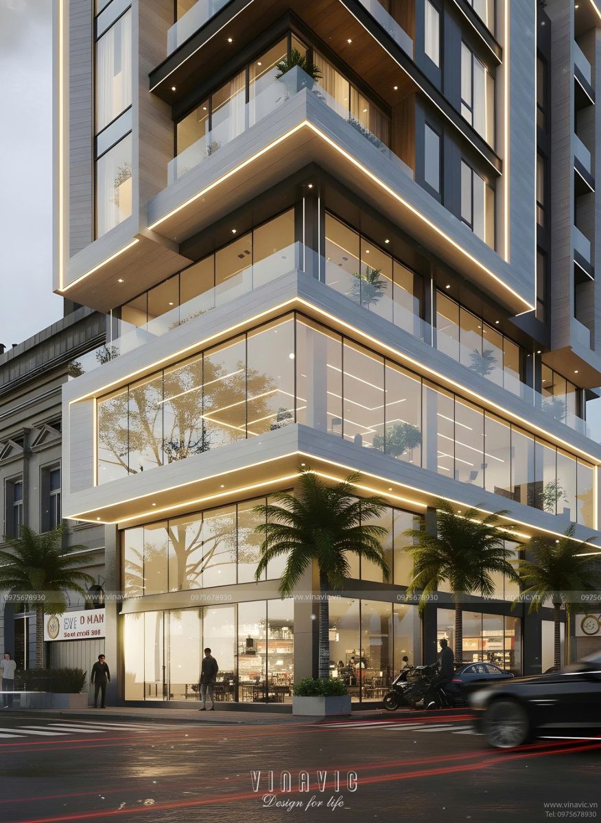 Phối cảnh tầng 1,2,3 kinh doanh nhà nghỉ 7 tầng kinh doanh hiện đại 9x17m BT2429