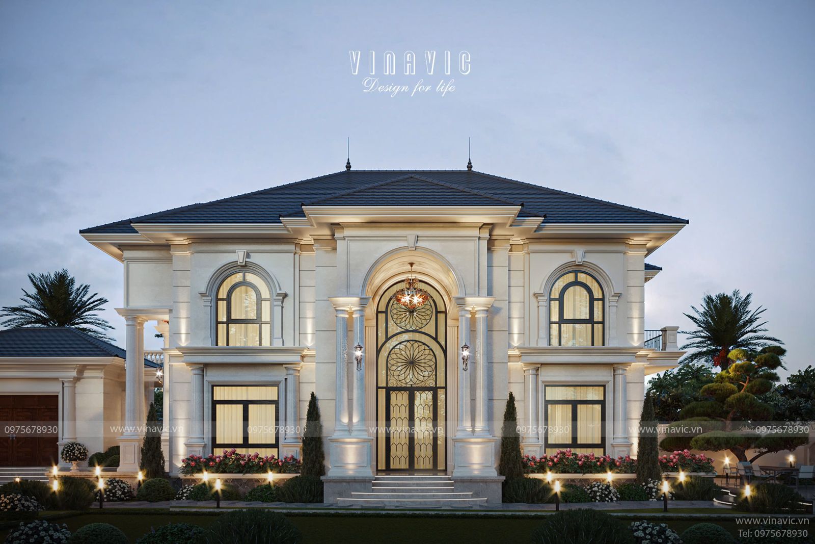 Phối cảnh mặt tiền biệt thự 2 tầng phong cách Tân cổ điển 17mx10m BT2430