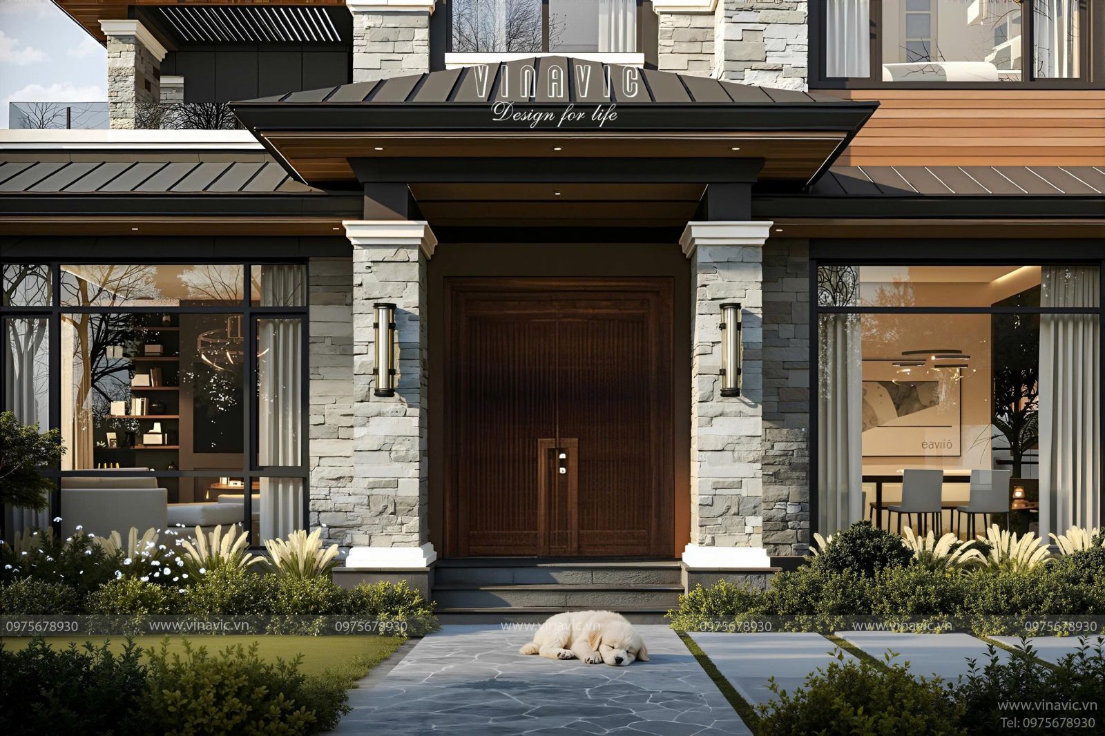 Mặt tiền biệt thự BT2432 là sự kết hợp vật liệu  đá ốp tự nhiên màu ghi xám, gỗ ốp màu nâu ấm và hệ cửa lớn