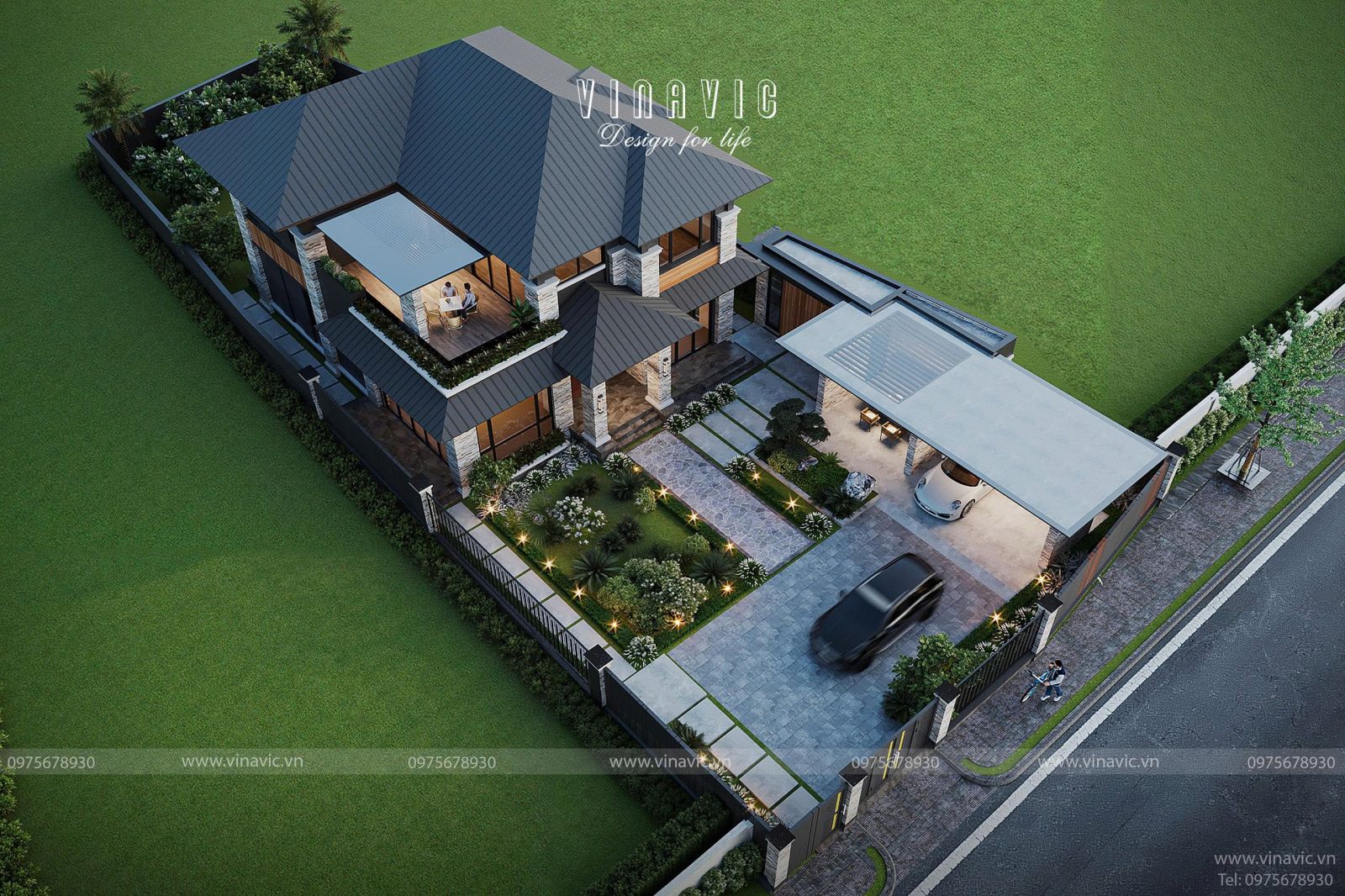 Toàn cảnh biệt thự 2 tầng 195m2/sàn, thể hiện giải pháp thiết kế thông minh, tối ưu không gian mở và kết nối hài hòa với sân vườn.