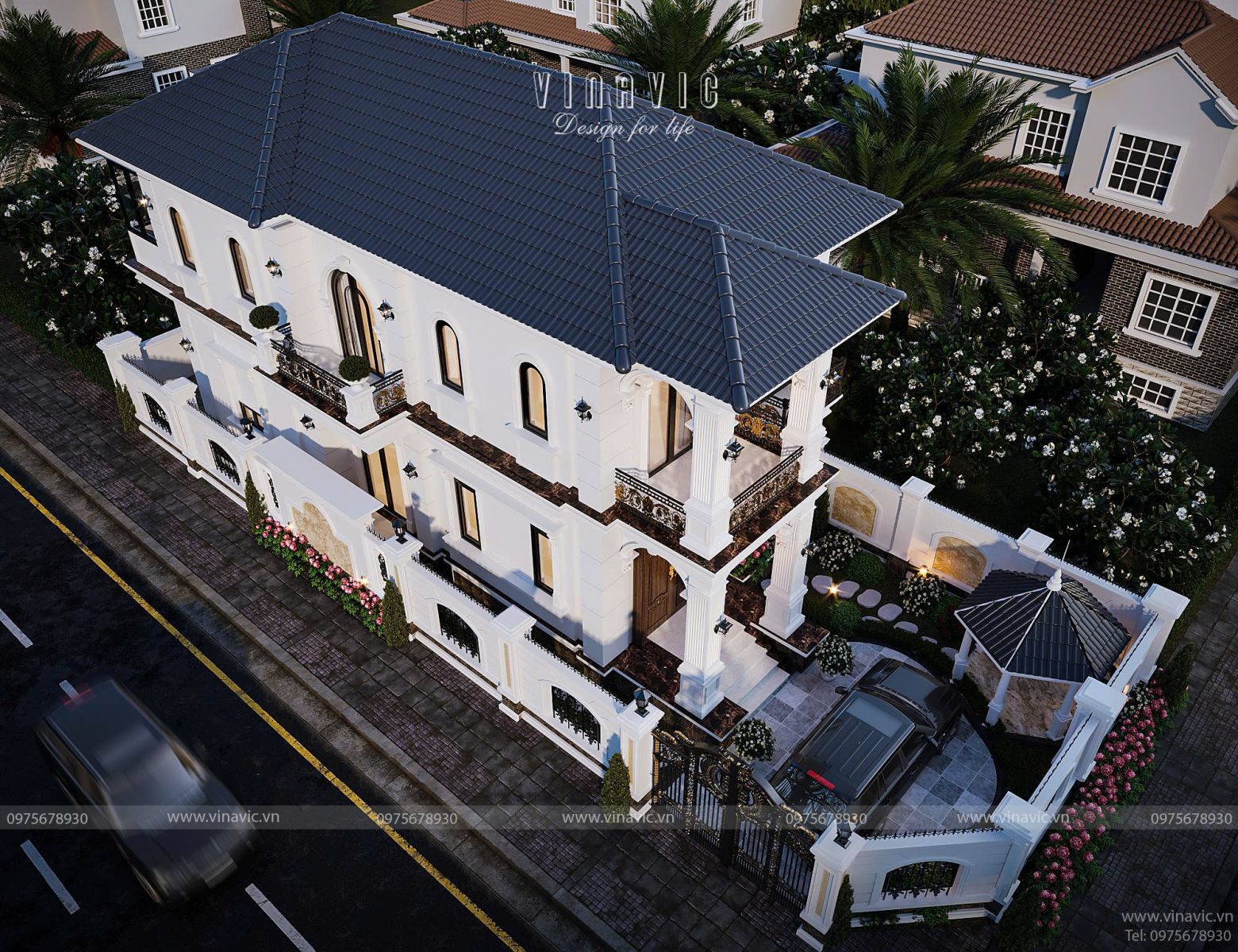 Phối cảnh biệt thự tân cổ điển 2 tầng BT2433 nhìn từ đường, nổi bật cổng sắt mỹ thuật vàng đồng và tường rào vững chãi.