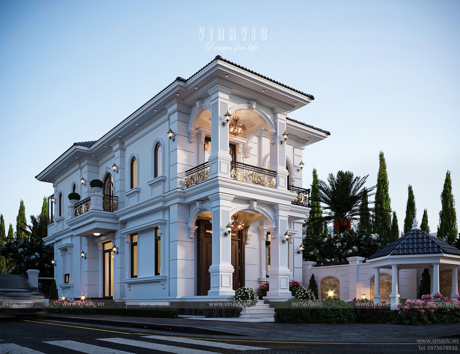 Mặt tiền chính biệt thự tân cổ điển 2 tầng 9x17m BT2433, sảnh chính lớn, cửa gỗ tự nhiên sang trọng.