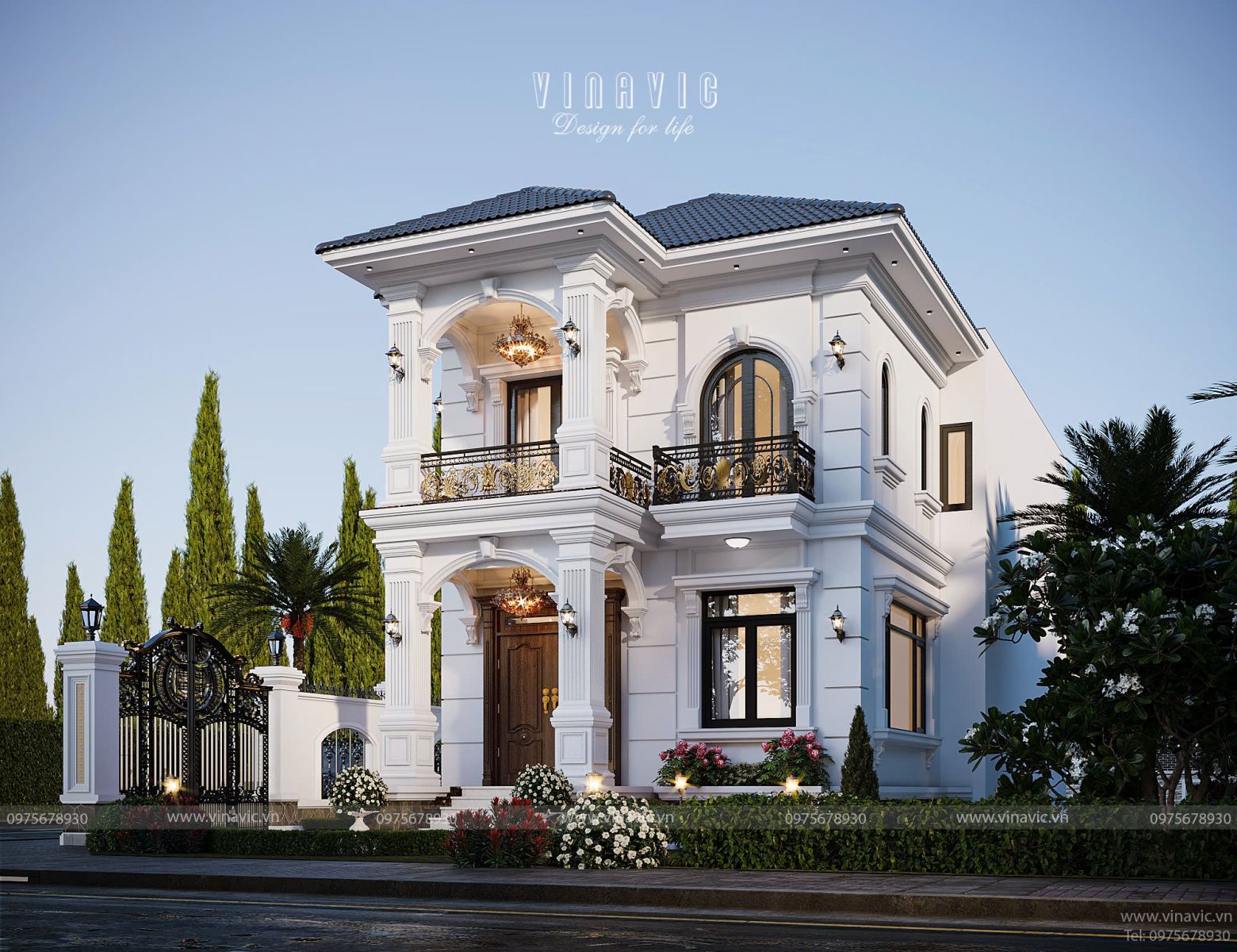 Góc nghiêng phối cảnh biệt thự tân cổ điển 2 tầng BT2433, hệ cột trụ vuông vắn, ban công sắt mỹ thuật quý phái.