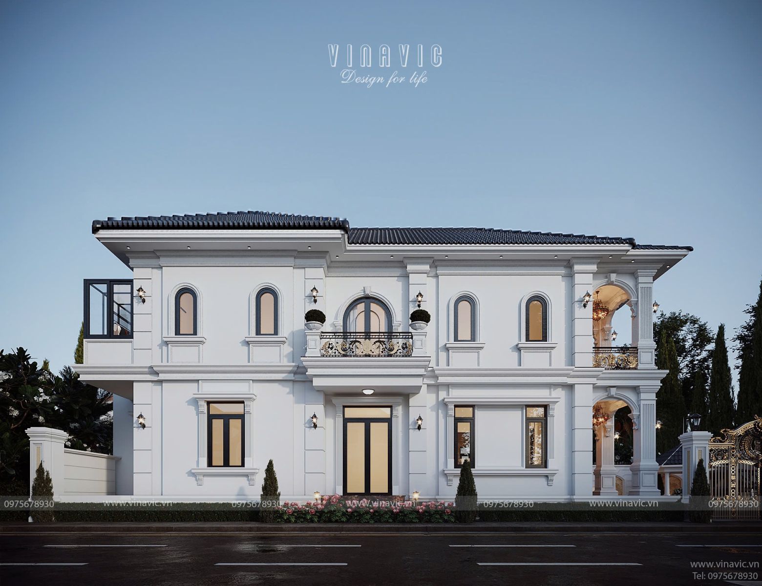 Góc phối cảnh mặt tiền Biệt thự tân cổ điển 2 tầng mái nhật 4 phòng ngủ BT2433
