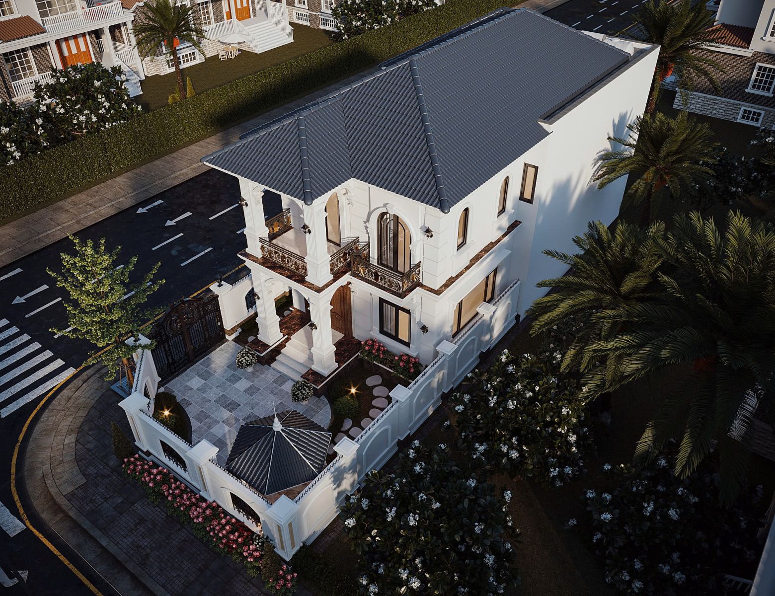 Cổng và tường rào được thiết kế đồng bộ với kiến trúc biệt thự