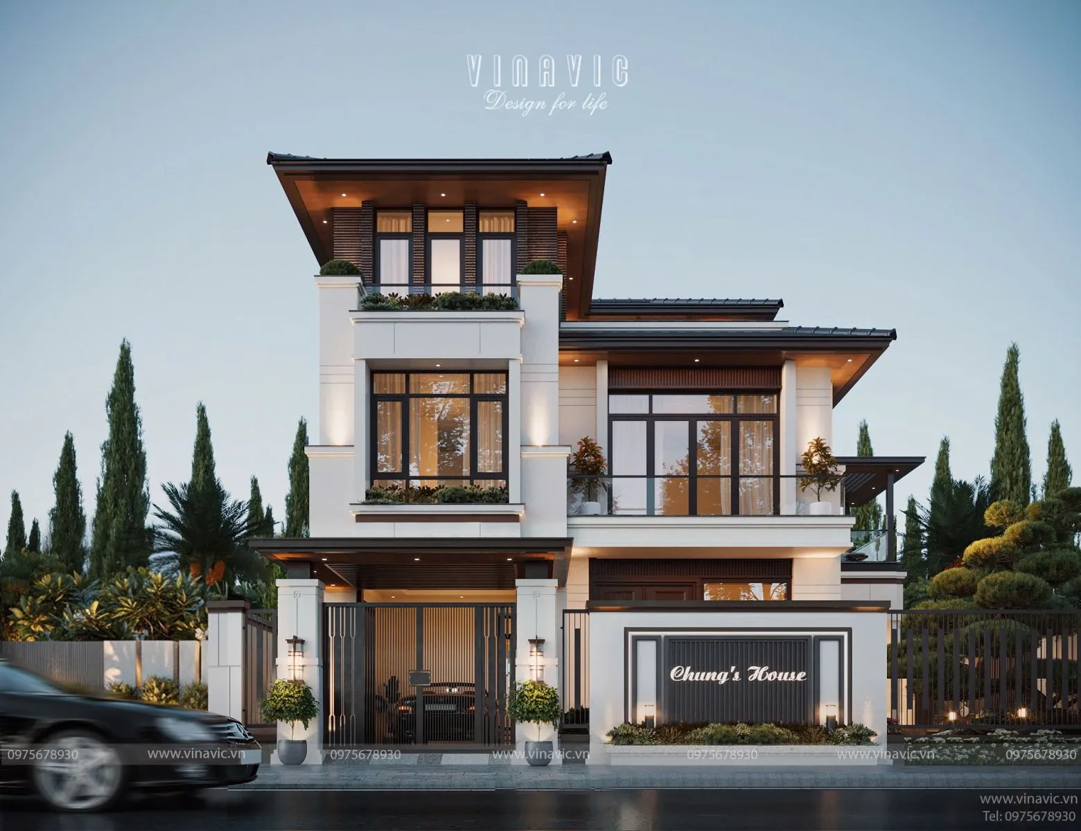 Góc phối cảnh trần nhựa ốp ngoài trời cho biệt thự 3 tầng hiện đại 140m2 5 phòng ngủ BT2434